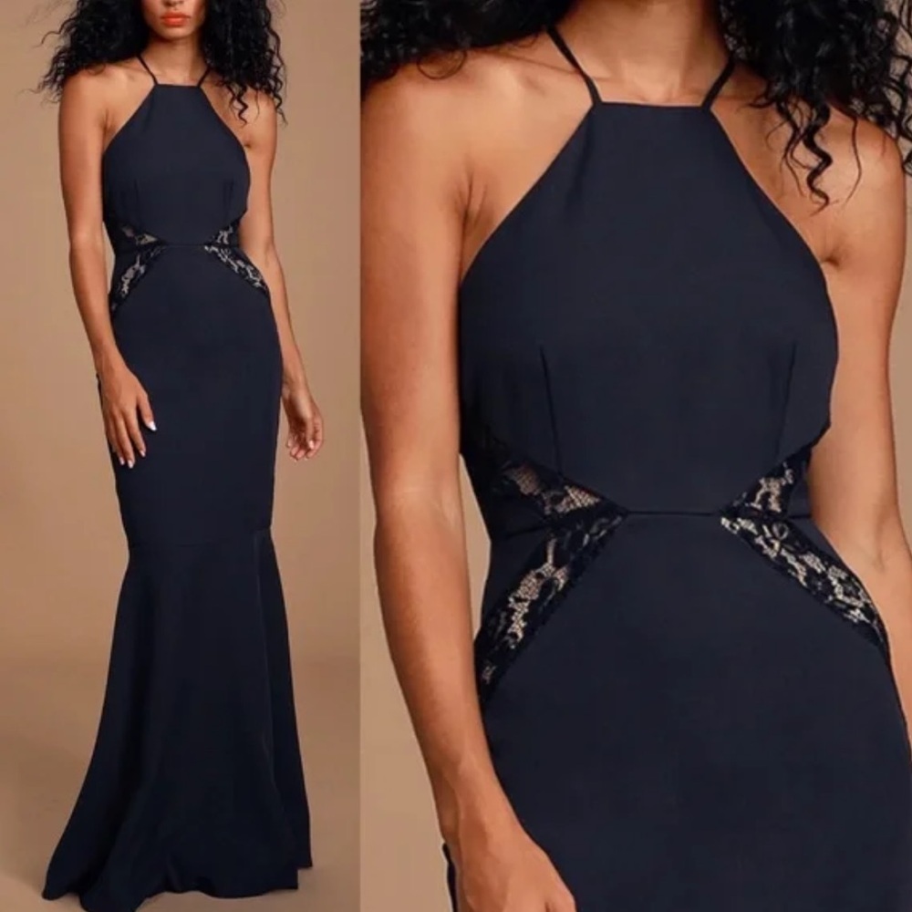 Lulus Navy Blue Lace Mermaid Formal Maxi Dress